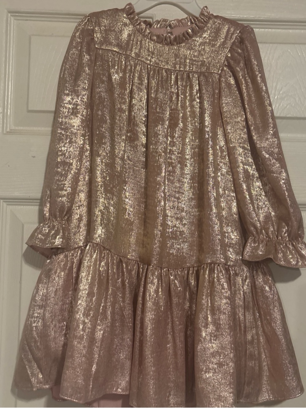 Metallic Pink Long-Sleeve Ruffle Hem Girls Party Dress